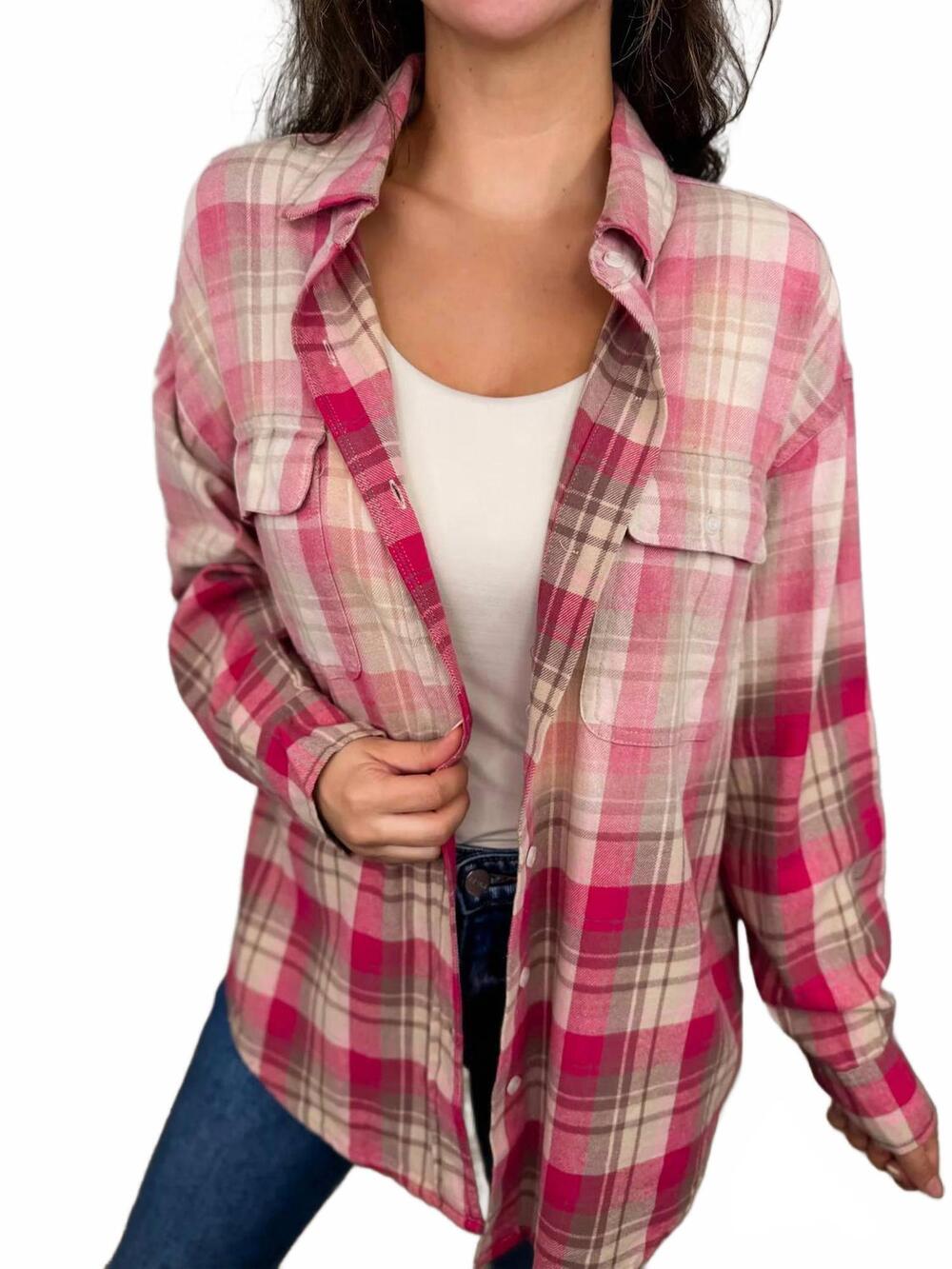 NEW WHITE BIRCH plaid flannel button-up shirt in pink